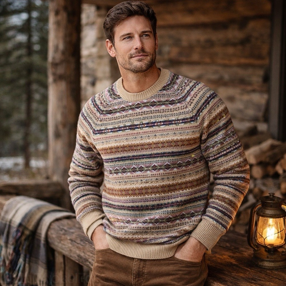 J.Crew Men's 100% Lambswool Nordic Sweater Crewneck Brown‎ Ash Fair Isle Size XL